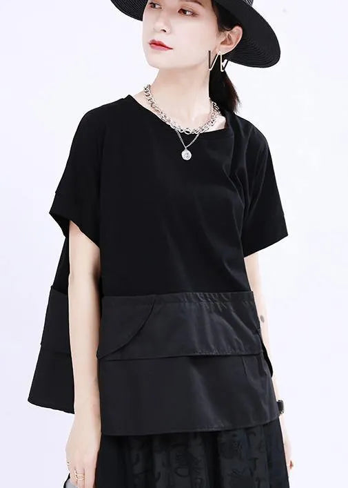 Black O-neck Patchwork Cotton Tops Summer