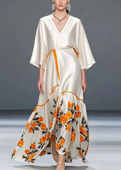 French White Oversized Print Silk Party Dress Bracelet Sleeve Summer