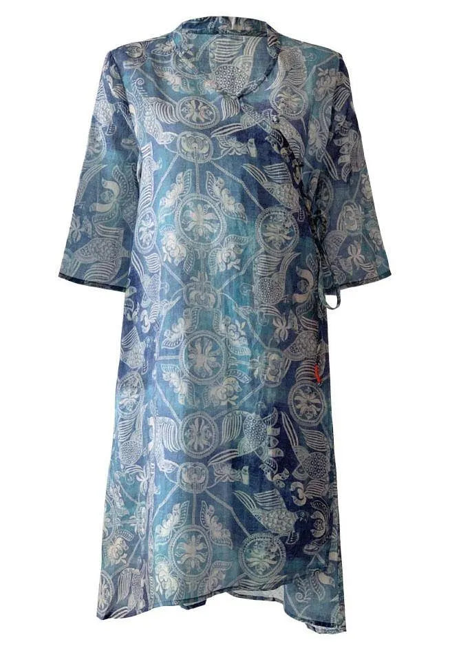 Loose Blue Tie Waist Print Summer Ramie Top