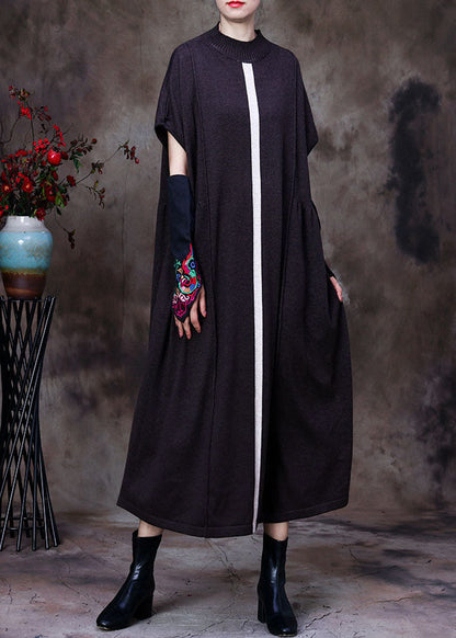 Diy Chocolate Wool Knit Patchwork Fall Bat Wing Sleeve Dresses