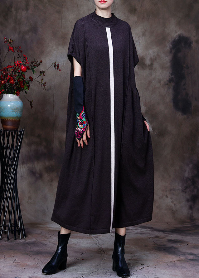 Diy Chocolate Wool Knit Patchwork Fall Bat Wing Sleeve Dresses