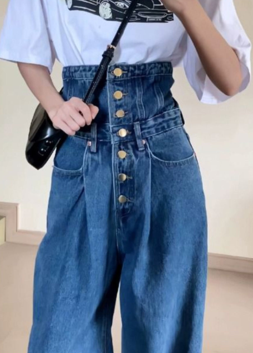 Blue High Waist Pockets Patchwork Straight Jeans Fall