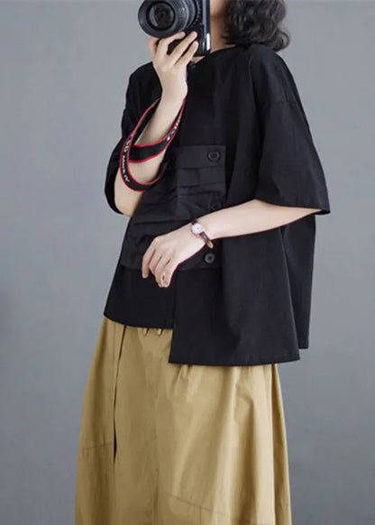 Brief Black Patchwork Cotton T Shirts Summer