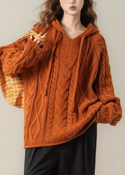 Orange Oversized Cable Knit Spring Top Hooded