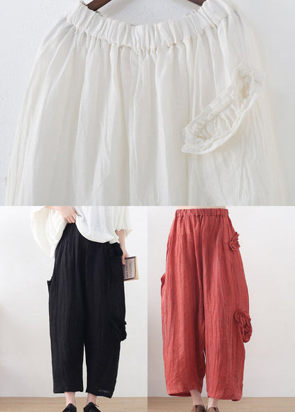 Red Elastic Waist Pockets Linen Harem Pants Summer