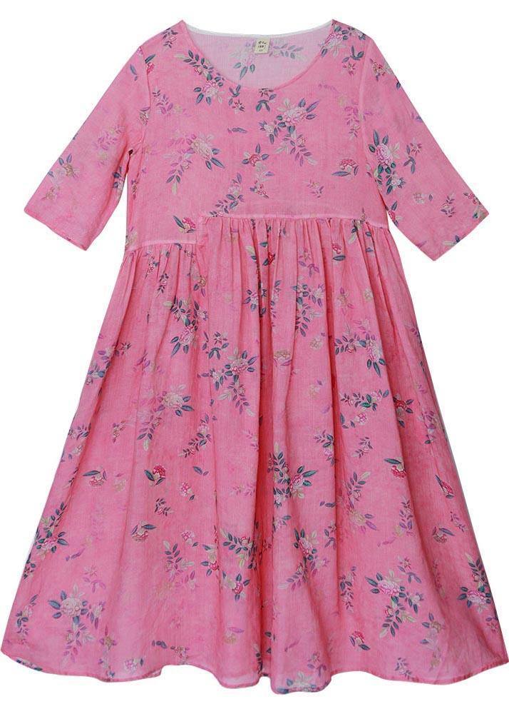 French Rose Print Cinched Pockets Maxi Summer Linen Dress