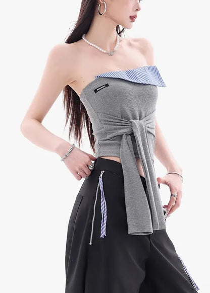 New Grey Strapless Lace Up Patchwork Cotton Top Sleeveless