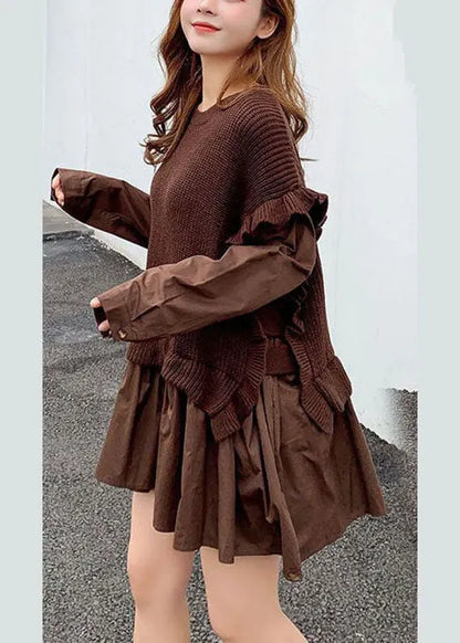 Coffee Knit Patchwork Ruffled Fall Sweaters