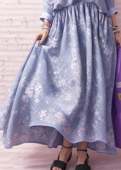 Italian Light Blue Cold Shoulder Print Silk Long Dresses Summer