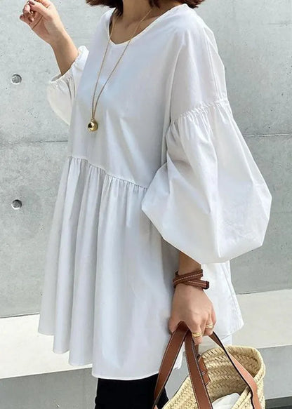 White O Neck Patchwork Cotton Shirt Tops Lantern Sleeve