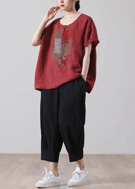 Organic Red Button Short Sleeve Cotton Linen Shirt Tops
