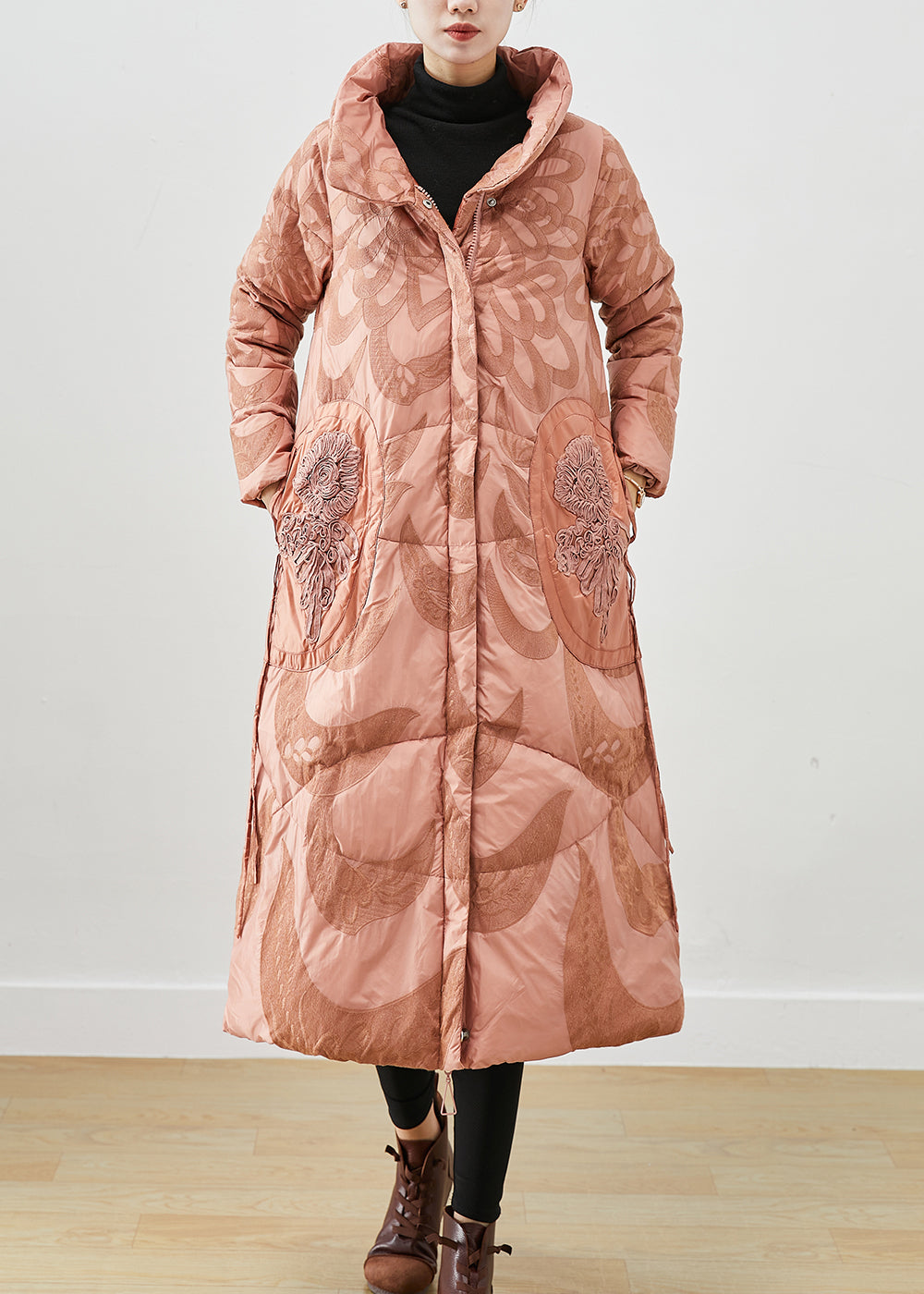 French Pink Embroideried Applique Duck Down Winter Coats Winter
