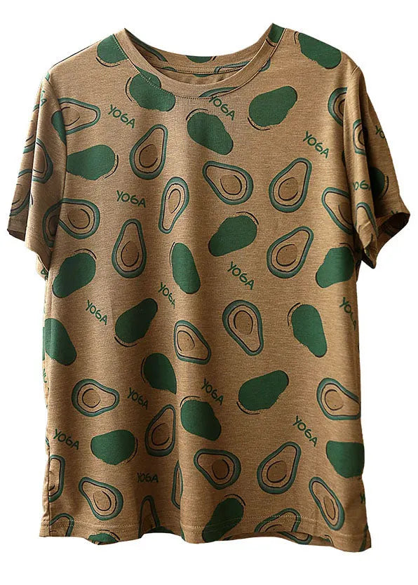 Original Design Dark Khaki O-neck Print Cotton Tank Top Short Sleeve