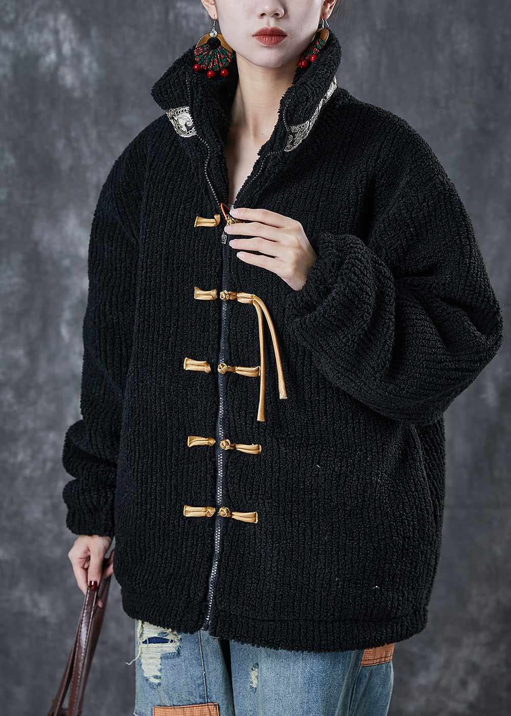 Black Zip Up Patchwork Chinese Button Fine Cotton Filled Jacket Winter