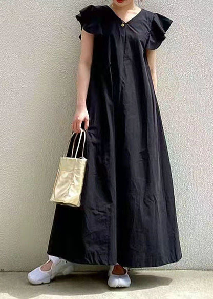 Black V Neck Patchwork Ruffled Cotton Maxi Dresses Summer