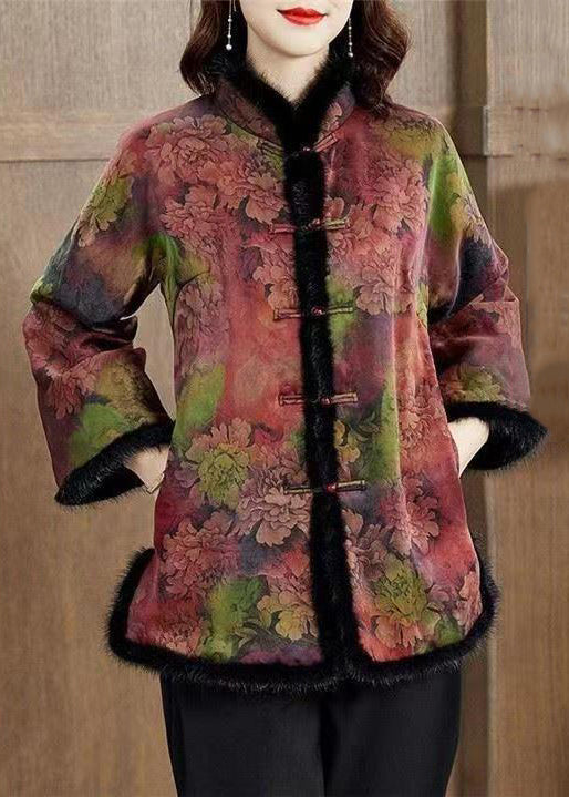 Colorblock Fur Collar Print Pockets Fleece Coat Winter