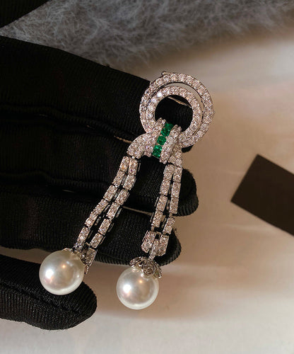Unique Emerald Gem Stone Zircon Tassel Pearl Broochs