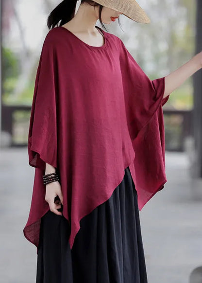 Loose Apricot O-neck Asymmetrical Cotton Tops Batwing Sleeve
