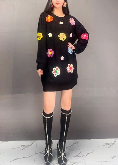 Black O Neck Patchwork Knit Dress Fall