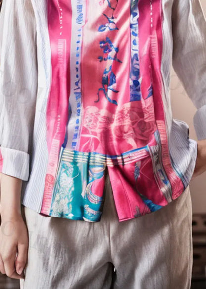 French White Print Patchwork Cotton Shirts Long Sleeve
