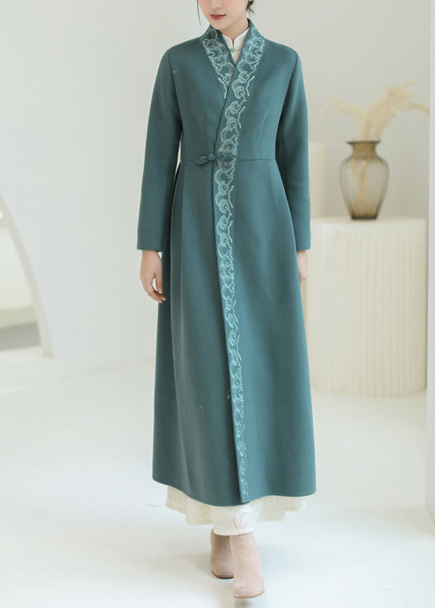 Green Embroideried Chinese Button Woolen Trench Coats Winter