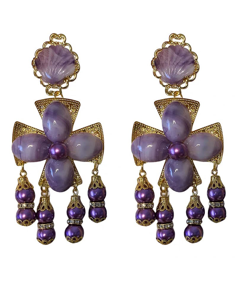 Gradient Color Purple Sterling Silver Overgild Shell Tassel Drop Earrings