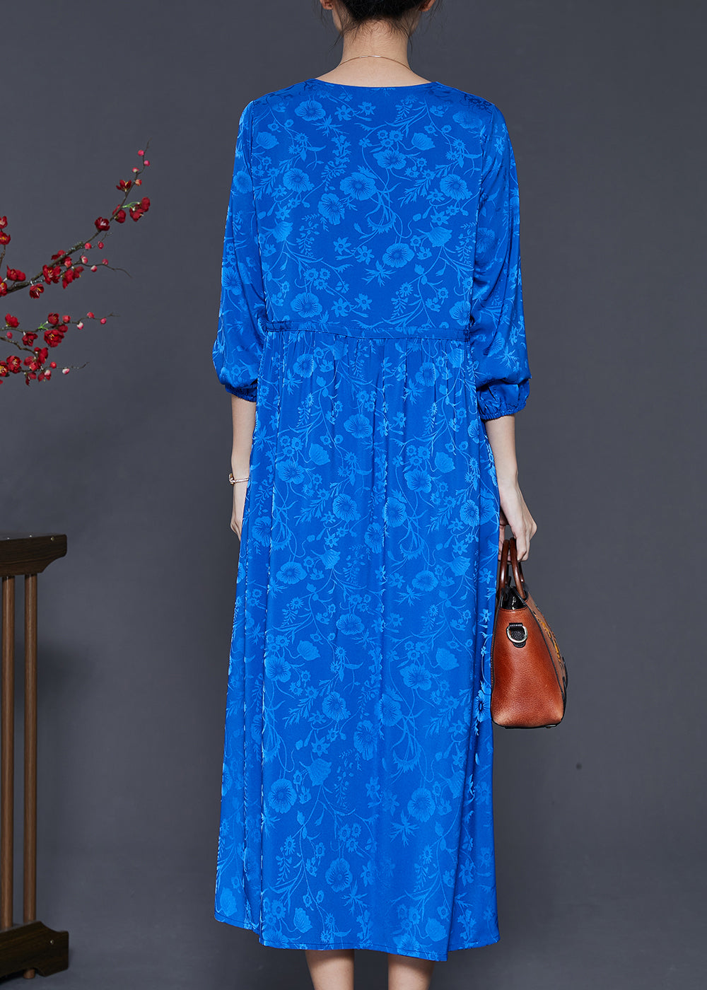 Blue Tie Waist Print Silk Dress Spring