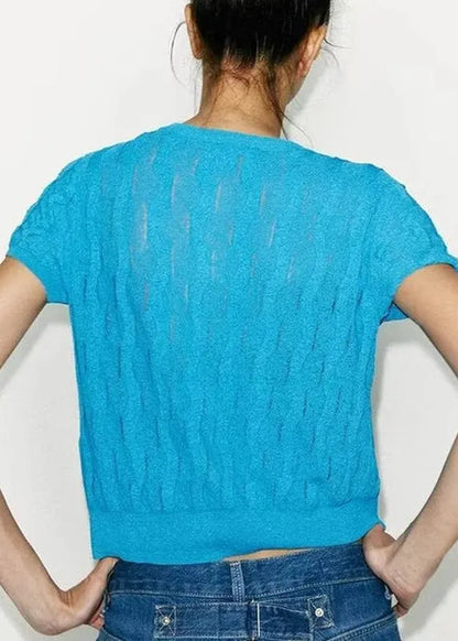Simple Blue Button Hollow Out Knit T Shirt Summer