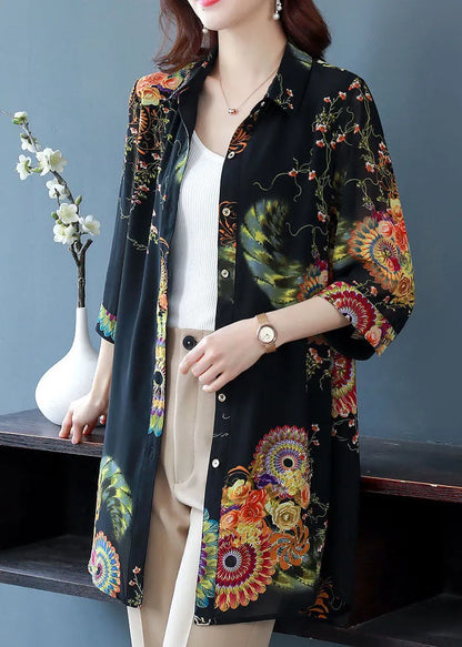 Black Peter Pan Collar Print Button Chiffon Long Blouse Top Bracelet Sleeve