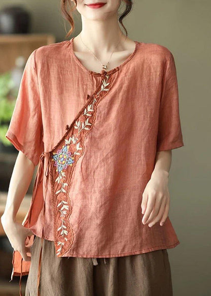 Orange Ramie Lace-up Embroidered Irregular T-shirt
