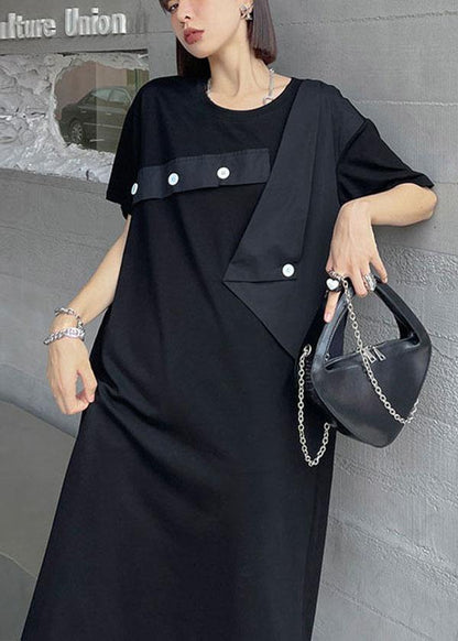 Black Patchwork Button Pockets Summer Vacation Dresses