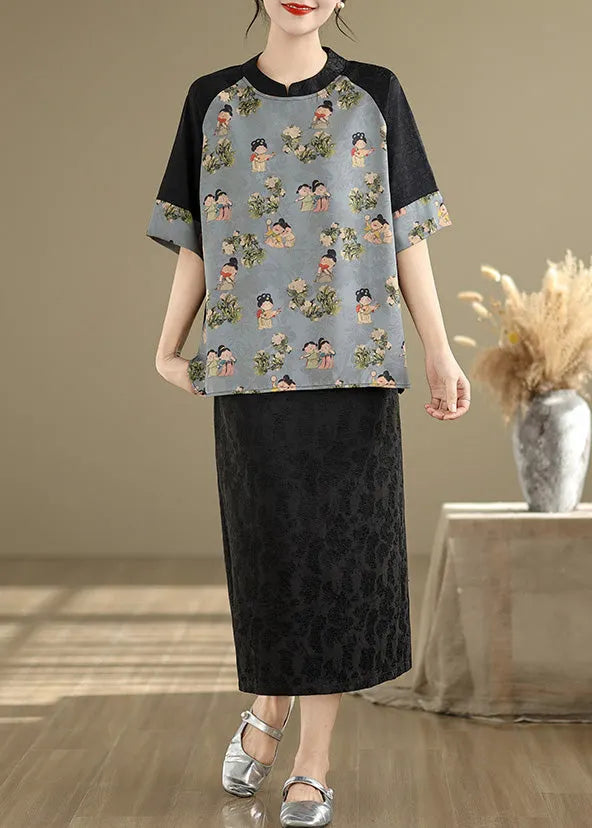 Art Sky Blue Print Patchwork Silk Oriental Tops Summer