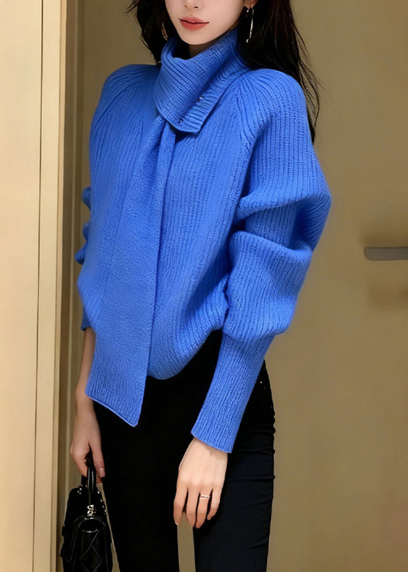 Stylish Blue V Neck With Scarf Knit Sweater Spring