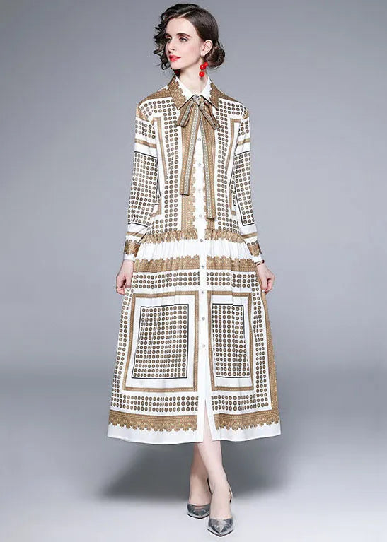French Golden Peter Pan Collar Print Silk Maxi Dresses Fall