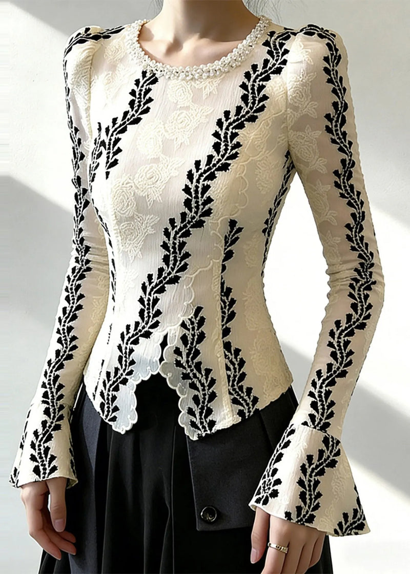Stylish White Jacquard Chiffon Shirt Top Flare Sleeve