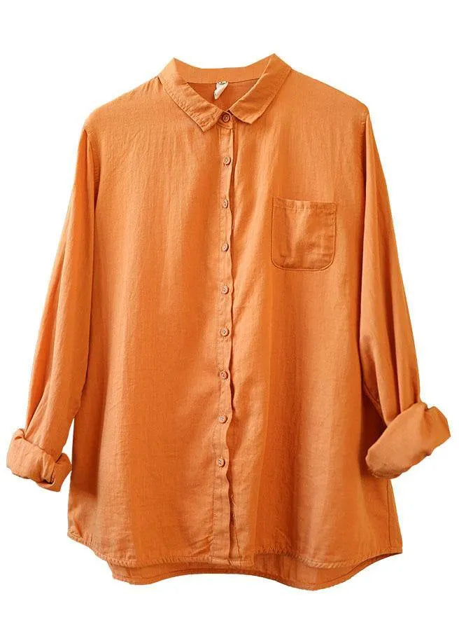 Orange Peterpan Collar Button Pockets Fall Long Sleeve Blouse Top