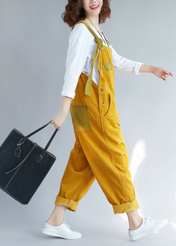 Yellow Pockets Corduroy Ripped Jumpsuits Spring