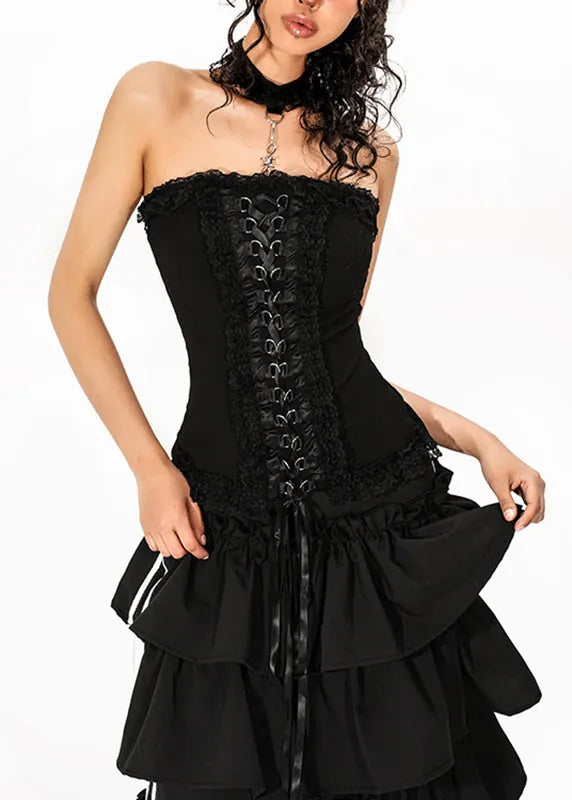 French Black Tie Waist Top Sleeveless