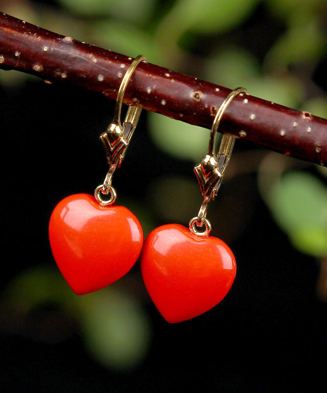 Fine Red 14k Gold Love Cinnabar Drop Earrings