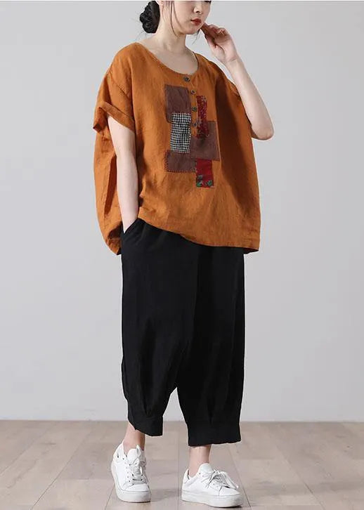 Black Patchwork Shirt Short Sleeve Cotton Linen