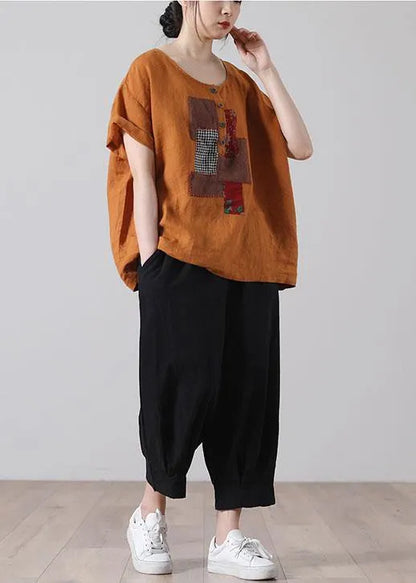 Black Patchwork Shirt Short Sleeve Cotton Linen