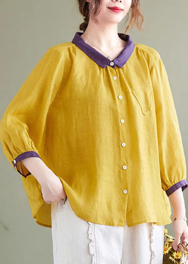 Yellow Peter Pan Collar Patchwork Linen Shirt Top Bracelet Sleeve