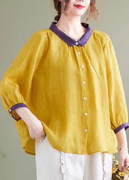 Yellow Peter Pan Collar Patchwork Linen Shirt Top Bracelet Sleeve