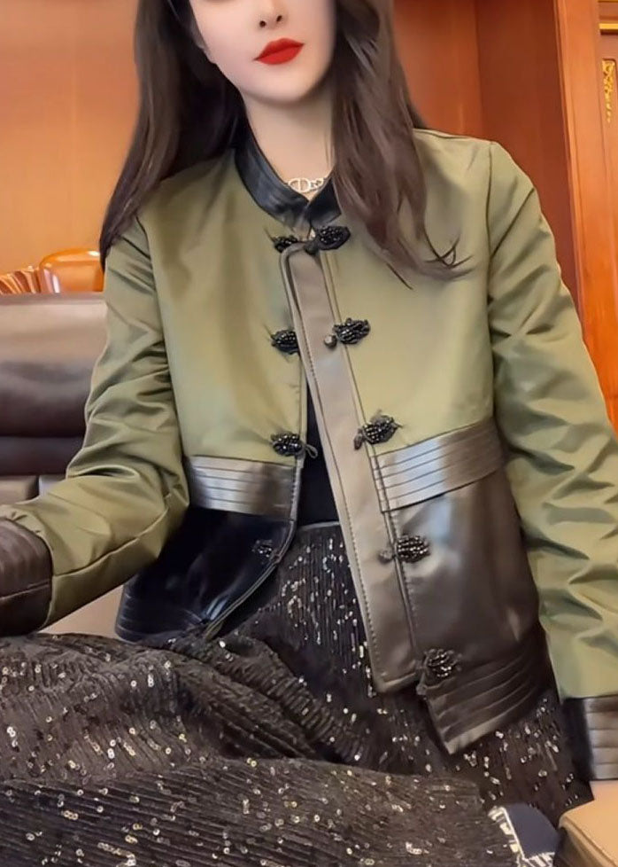 Green O-neck Patchwork Button Leather Jacket Fall