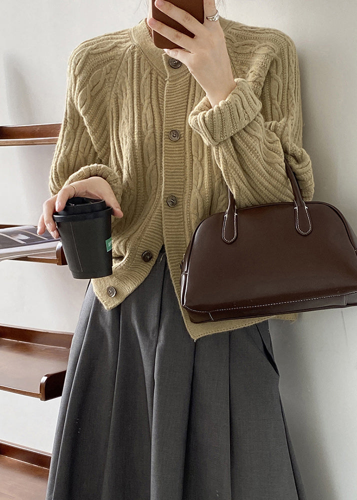 French Grey O-neck Button Cable Knit Coat Fall