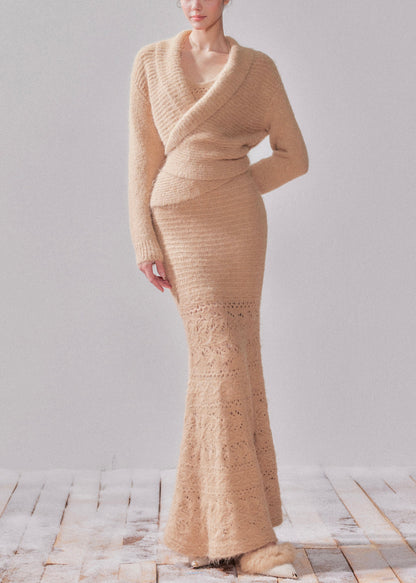 Handmade Khaki Hollow Out Cotton Knit Cardigans and Long Fishtail Dress Two Pieces Set Fall