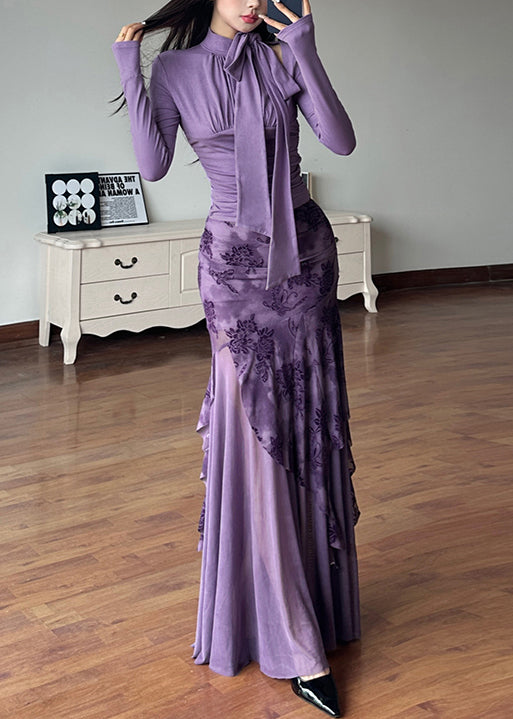 Novelty Purple Lace Up Tulle Patchwork Tops and Skirts Two-piece Set Spring