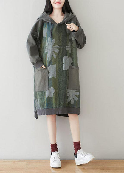 Unique Grey Hooded Pockets Patchwork Print Spring Sweatshirt Dress