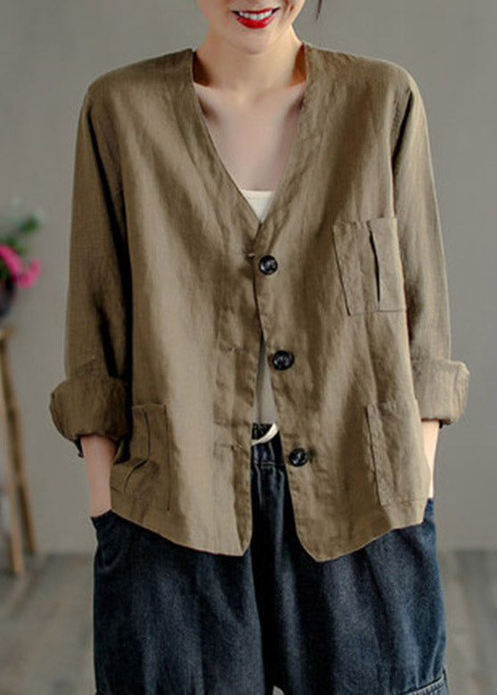 Chocolate V Neck Patchwork Button Linen Shirt Long Sleev