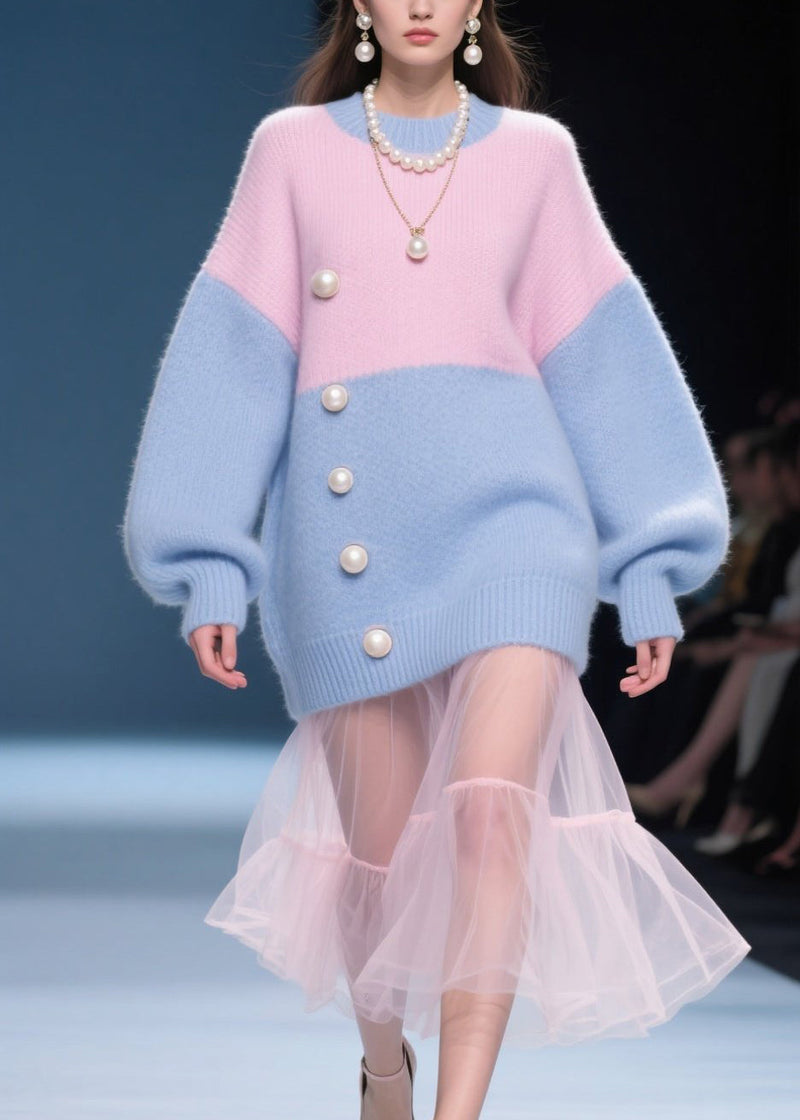 Colorblocko Neck Nail Bead Knit Sweater Tops Fall